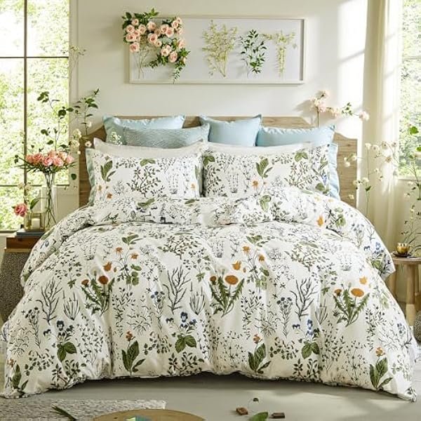 Green Comforter Set King, 100% Cotton Reversible Floral Pattern Comforter Set 3 Pcs Soft Cotton Lightweight Comforter All Season Soft & Breathable Green Bedding Set